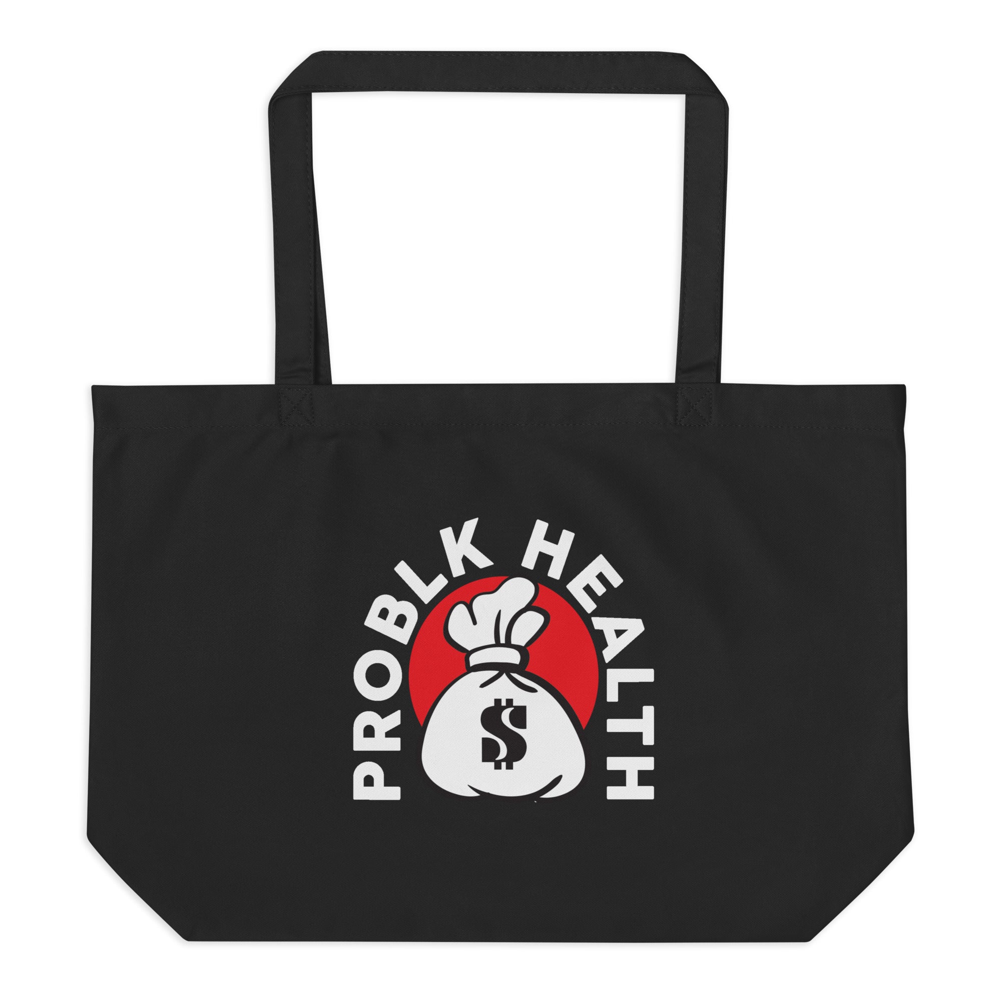 "HEALTH IS WEALTH" Black Large organic tote bag (front&back design)