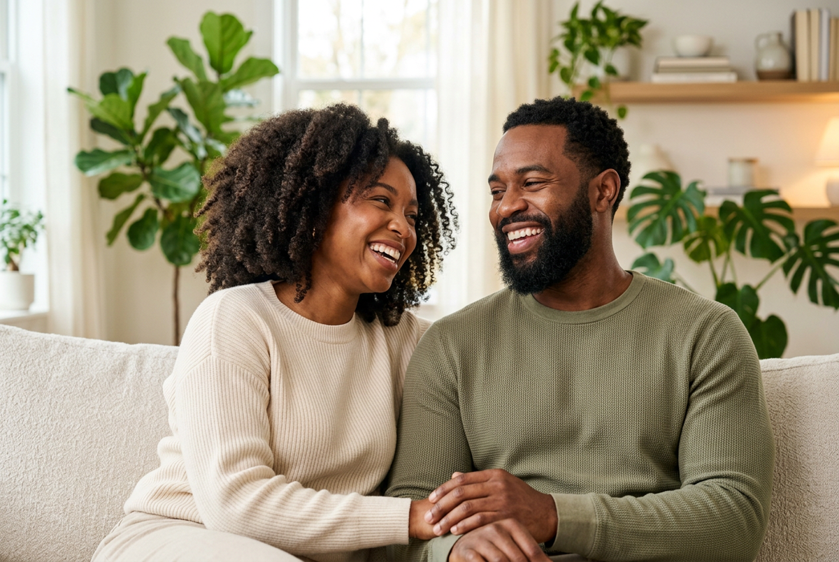 A smiling Black woman and man enjoying a bright, welcoming home.