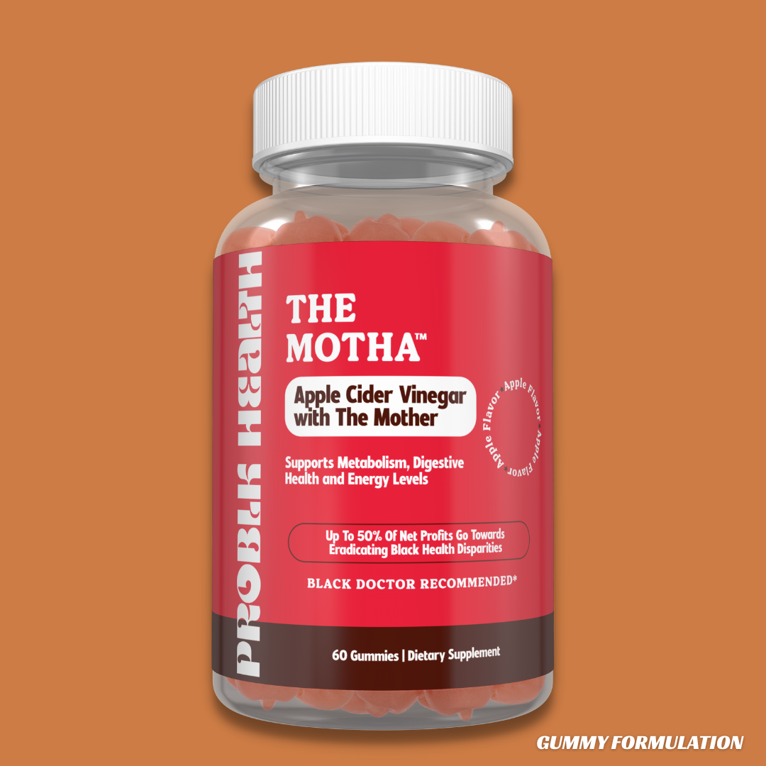 Bottle of 'The Motha' ACV gummy vitamins on a brown background 