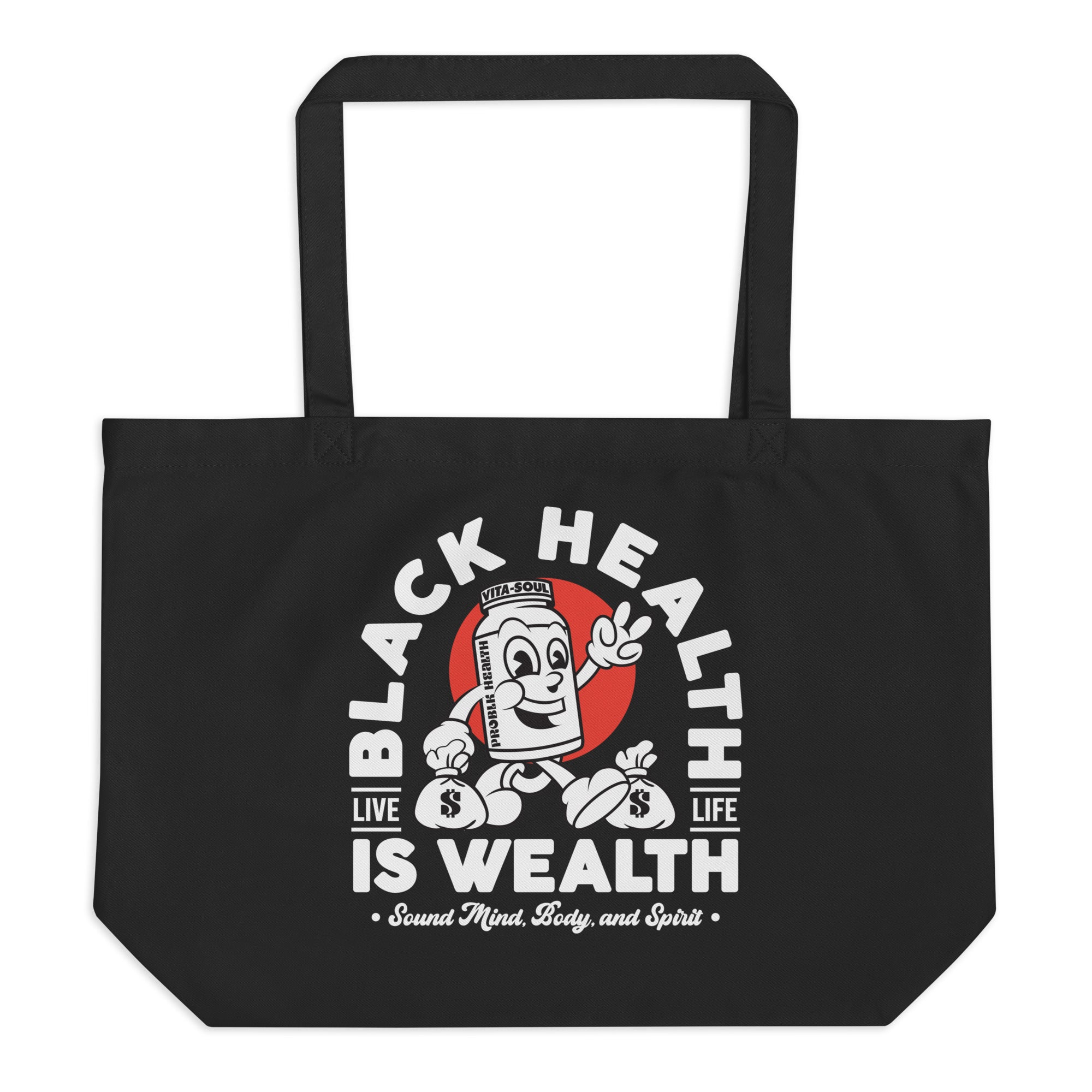 "HEALTH IS WEALTH" Black Large organic tote bag (front&back design)